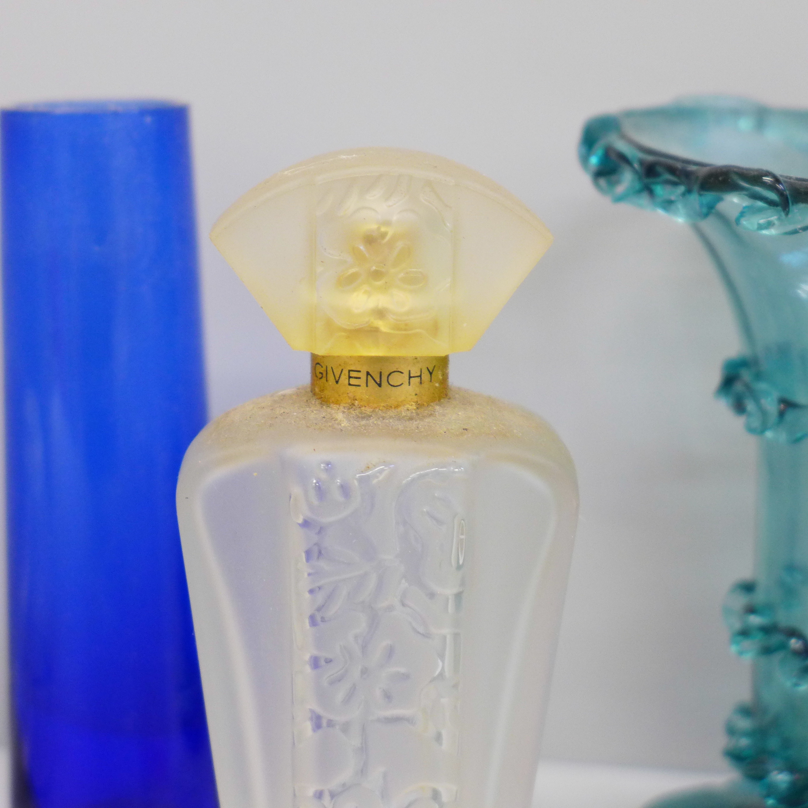 A Givenchy frosted perfume bottle, 13cm, a Bristol blue miniature pitcher, a Victorian turquoise - Image 3 of 4