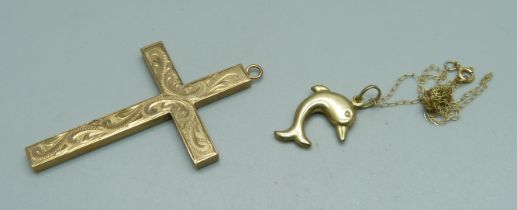 A large 9ct gold cross pendant and a 9ct gold dolphin pendant and chain, 5.7g, cross 33 x 50mm