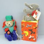 A Hermann Ltd Edition Jester Teddy bear and elephant