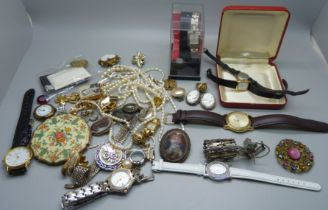 Costume jewellery, wristwatches and a Stratton compact