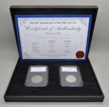 The 50th Anniversary of the 50p coin pair, 1969 50p and 2019 50p, boxed.