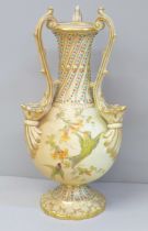 A Worcester Royal China Works blush ivory three handled vase, 698-G, 20cm, a/f