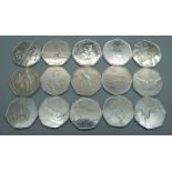 Fifteen collectable 50p coins including eight 2012 Olympics