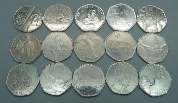 Fifteen collectable 50p coins including eight 2012 Olympics