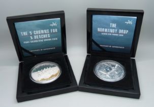 Two D-Day 75 Silver Five Crown Coins, fine 999. silver The 5 Crowns For 5 Beaches, 2019, and The