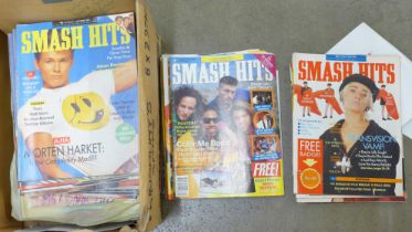 A box of Smash Hits Magazines, late 1980s onwards, some with clippings and posters taken out **