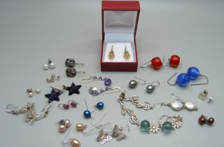 A pair of silver gilt diamond set earrings and 20 pairs of silver earrings