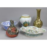 A collection of oriental items; a Chinese brass vase, a blue and white bowl, ginger jar lacking lid,