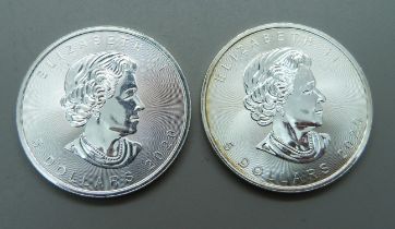 Two Canada fine silver 1oz. 5 Dollars coins, both 2020