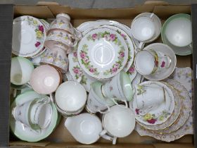 A box of mixed decorative teawares, including Shelley saucers and tea plates **PLEASE NOTE THIS