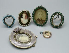 Four vintage miniature photograph frames including enamel, one later set with pink paste stones