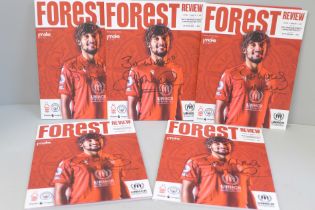 For Charity, five Nottingham Forest and Manchester City programmes, Feb 2023, all signed by Des