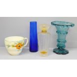 A Givenchy frosted perfume bottle, 13cm, a Bristol blue miniature pitcher, a Victorian turquoise