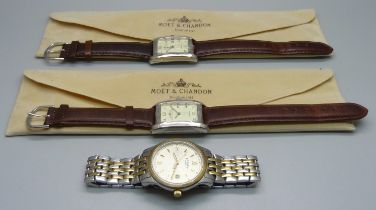 Two Moët & Chandon Champagne promotional wristwatches and a Rotary wristwatch