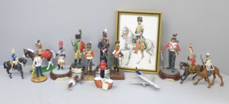 Metal model soldiers including Britains, a print and a model airliner