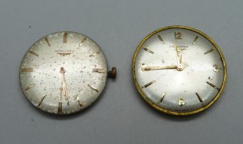 Two Longines manual 17 jewel wristwatch movements