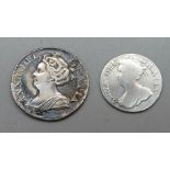 A Queen Anne silver sixpence 1711 and a Queen Anne silver threepence 1706