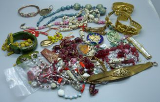 A collection of Czech costume jewellery and a green Bakelite cuff