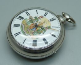 A silver pair cased verge pocket watch with hand detailed Ancient Order of Foresters dial, maker