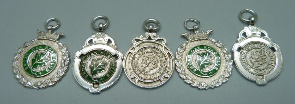 Five silver cycling club fob medals, including three enamelled, Broad Oak Road Club, 44g