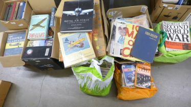 A box of film magazines, modern flying magazines and a large collection of Military books, WWII