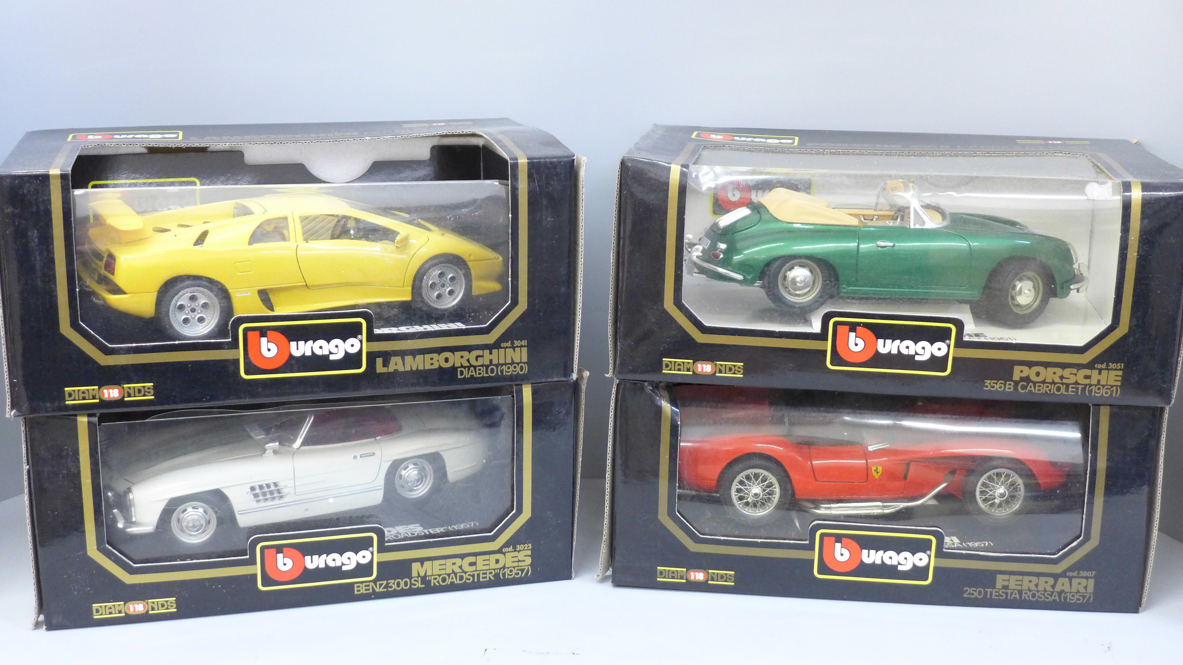 Four Burago die-cast metal 1/18 scale sports cars, Porsche 356B Cabriolet, Ferrari 250 Testa