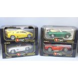 Four Burago die-cast metal 1/18 scale sports cars, Porsche 356B Cabriolet, Ferrari 250 Testa