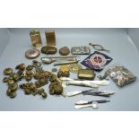 Assorted items; compact, vesta cases, lighters, cufflinks, uniform buttons, etc.