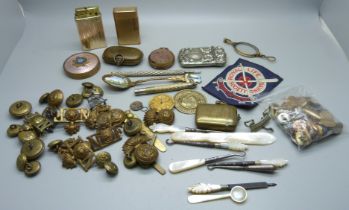 Assorted items; compact, vesta cases, lighters, cufflinks, uniform buttons, etc.