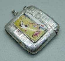 A silver vesta case with applied plaque with tennis scene, engine turned case, Birmingham 1906, 35g