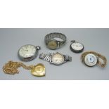 A silver fob watch, a pocket watch, mechanical wristwatches and a pendant watch