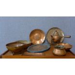 Assorted items, including an Art Nouveau tray, an Arts and Crafts tray, an embossed copper plaque, a