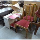 A wicker linen box, a chair, a standard lamp and a trolley