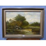 William Langley (1852-1922), rural landscape with figures by a river, oil on canvas, framed
