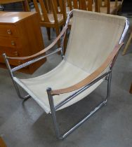 A chrome, canvas and brown leather safari lodge chair