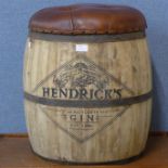 A beech and brown leather topped Hendrick's Gin advertising stool