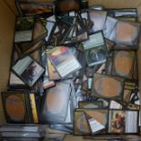 A box of Magic The Gathering gaming/playing cards