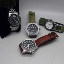 Four wristwatches; Stauer, Timex Expedition, Sekonda and Cannibal