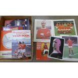 Football memorabilia; a box of Manchester United ephemera including four Typhoo Premium cards (two