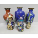 Six cloisonne vases and two wooden stands **PLEASE NOTE THIS LOT IS NOT ELIGIBLE FOR POSTING