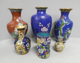 Six cloisonne vases and two wooden stands **PLEASE NOTE THIS LOT IS NOT ELIGIBLE FOR POSTING