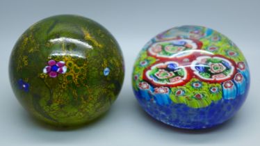 A Selkirk glass paperweight and a Millefiori glass paperweight
