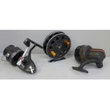 Three fishing reels, a 1940s/50s Speedia Centre-Pin, a French Mitchell 300A and Daiwa Harrier 120m