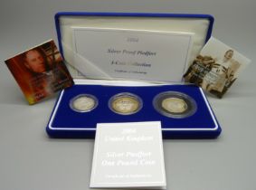 A Royal Mint 2004 Silver Proof Piedfort 3-Coin Collection including Four-Minute Mile 50p, boxed,