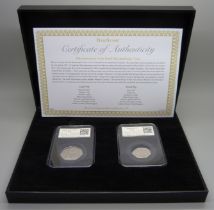 A 20th Anniversary of the Small 50p DateStamp, two coin set, boxed, with certificate