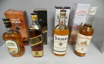 Four bottles of Whiskey; Isle of Jura Pure Malt, Johnnie Walker Black Label, Teacher's Highland