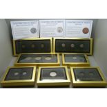 Collectable coins of America, a display case with seven sets of coins; Buffalo Nickel x3,