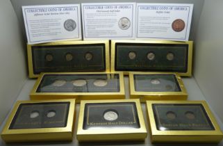 Collectable coins of America, a display case with seven sets of coins; Buffalo Nickel x3,