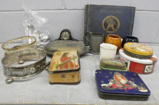 The contents of a nurse's bag, pre 1920, tins, National Bus Tokens, plated ware and a folder of