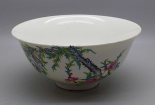 A hand painted Chinese bowl, depicting birds and flowers, six character mark to base, 13.5cm